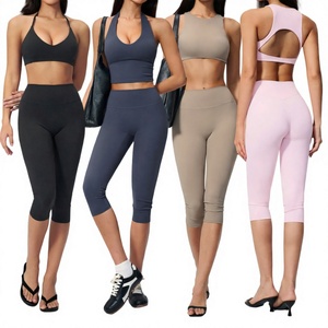 Women Yoga Set Backless Sports Bra <b>Capri</b> <b>Pants</b> 5 Piece Fitness Activewear Elastic Waist - Product Image 2