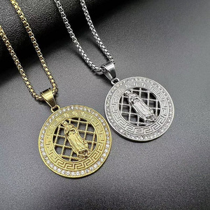 yunnique Stainless Steel Round Pendant Necklace With Rhinestone Inlay Geometric Design Unisex Hip Hop Jewelry Gift - Product Image 1