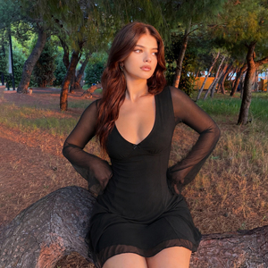 Vestido Mini Negro Sexy para Mujer, Cuello en V Profundo, Manga Larga, Transparente, para Fiesta, Club, Salida Nocturna, Estilo Bodycon - Product Image 2