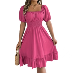 Abito Casual alla Moda con Scollo Quadrato per Donne, Maniche Corte, Vita Stretta, Stile A-Line con Volant - Product Image 1