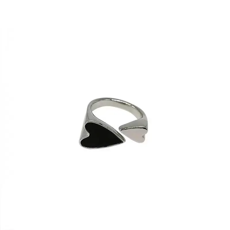 Vente en gros Bagues Ouverture Fashion Light Luxury Black Dripping Oil Silver Double Heart Ladies Ring For Women