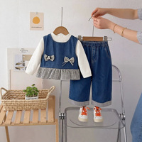 Ensemble 3 pièces pour filles : T-shirt à manches longues, débardeur en jean et pantalon large à carreaux – Tendance coréenne estivale pour enfants