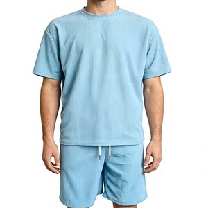Men Solid Light Blue Ribbed Crew Neck T-Shirt Shorts Set Casual Knit Summer Outfit Breathable Waffle Texture Polyester/Cotton - Product Image 5