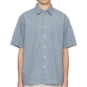Tendency Spread Collar Oversize Short Sleeve Shirts 100% Cotton Poplin Blue & Khaki Plaid Shirt for Men's - Product Image 4