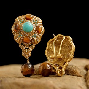 Boucles <span class=keywords><strong>d</strong></span>'oreilles creuses en pierre œil de tigre turquoise dorée, style <span class=keywords><strong>palais</strong></span> rétro, élégantes et polyvalentes - Product Image 4