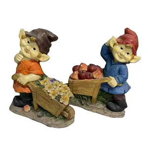 Fairy figurine gnome industrious pushing wheelbarrows flowers and fruit custom dwarf outdoor garden decoration resin crafts