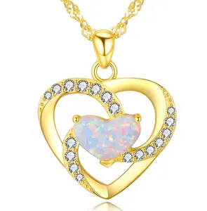 2024 baru grosir perhiasan halus 18K berlapis emas 925 perak murni hati Opal cinta liontin kalung untuk wanita