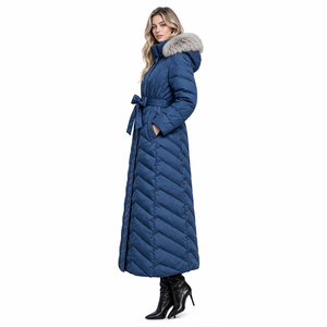Veste matelassée pour femme - Manteau long en duvet avec capuche en fourrure, <span class=keywords><strong>ceinture</strong></span> élégante, coupe ajustée, matelassage en chevron, parka d'hiver pour un usage quotidien - Product Image 2