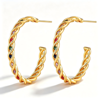 Boucles d'oreilles pendantes en cuivre plaqué or 18 carats, forme C torsadée, zircon multicolore, délicates et tendance, cadeau pour femme