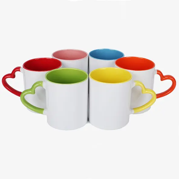 China warehouse stocked 11oz mug sublimation ceramic cup colorful ceramic mugs with heart handle