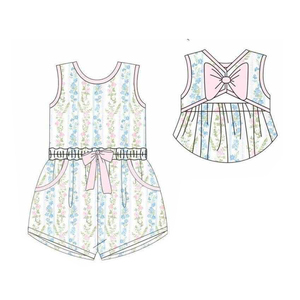 GSSO3607 Ensemble personnalisé pour petites filles, imprimé fleurs bleues, manches volantes, tenues pour enfants, vente en gros - Product Image 4