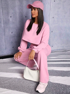 Completo da jogging da <span class=keywords><strong>donna</strong></span>: pantaloni e <span class=keywords><strong>felpa</strong></span> a maniche lunghe con taglio corto, stile streetwear - Product Image 5