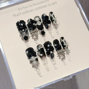 <span class=keywords><strong>Uñas</strong></span> Postizas de Estilo Francés, <span class=keywords><strong>Uñas</strong></span> Artificiales Largas de Forma Stiletto, <span class=keywords><strong>Uñas</strong></span> Negras Glaseadas con Rosa, Hechas a Mano, <span class=keywords><strong>Uñas</strong></span> a Presión - Product Image 4