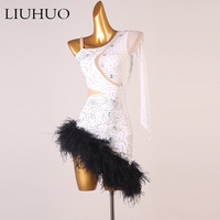 LUHUO Robe de patinage de danse latine à manches longues et à la mode supérieure Jupe Rumba Costume de scène une pièce Blanc