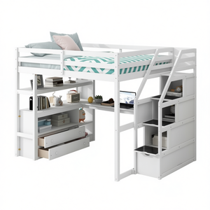 เตียงลอฟท์ขนาดใหญ่พร้อมโต๊ะทำงานและชั้นวางของ บันไดเก็บของแบบมีลิ้นชักสองชั้น เฟอร์นิเจอร์ห้องนอนสีขาวทันสมัย - Product Image 1