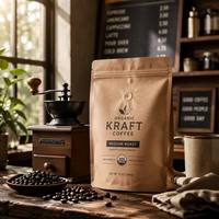Sachet de café personnalisé en papier kraft naturel, anti-odeur, avec valve et fermeture éclair, 250g 12oz, pour l'emballage de grains de café bio torréfiés de spécialité