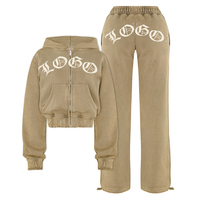 Ensemble deux pièces à capuche pour femme, haut zippé à manches longues et pantalon large, survêtement décontracté ajusté, couleur unie, vente en gros