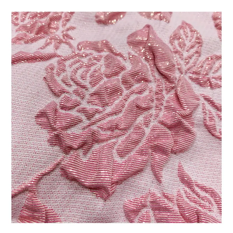 French Pink 3d Flower Luxury Trending Relief Jacquard Fabric 100% Polyester Materials High Quality Gold Woven Fonesun-p1290 50D