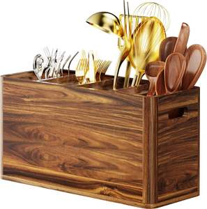 Support à couverts en bois d'acacia Yirilan pour comptoir de cuisine avec 4 compartiments, style rustique, conteneur de rangement 39,9x39,9x11,9cm - Product Image 1