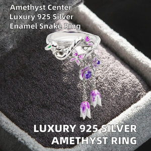 Bague de Mariage de Luxe pour Femme en Argent Sterling 925 Rhodié, Ornée d'Améthyste Violette et d'Émail, Motif Fleur, Serpent et Pompon, par un Créateur de Bijoux Raffinés - Product Image 2