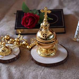 Incensario Colgante Ortodoxo Oriental HT, Incensario de Aleación de Zinc Dorado con Cadena y Campanas con Cruz Ortodoxa - Product Image 3