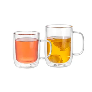 Venta al por mayor de vidrio de borosilicato transparente mango taza de té y café tazas de café expreso taza de vidrio de doble pared con tapa de Bambú