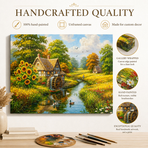 Peinture <span class=keywords><strong>à</strong></span> l'huile sur toile, décor mural, motif <span class=keywords><strong>moulin</strong></span> <span class=keywords><strong>à</strong></span> <span class=keywords><strong>eau</strong></span>, ruisseau, tournesols, canards, cabane <span class=keywords><strong>à</strong></span> toit <span class=keywords><strong>de</strong></span> chaume, <span class=keywords><strong>roue</strong></span> <span class=keywords><strong>à</strong></span> <span class=keywords><strong>eau</strong></span>, art populaire, peint <span class=keywords><strong>à</strong></span> la main - Product Image 3