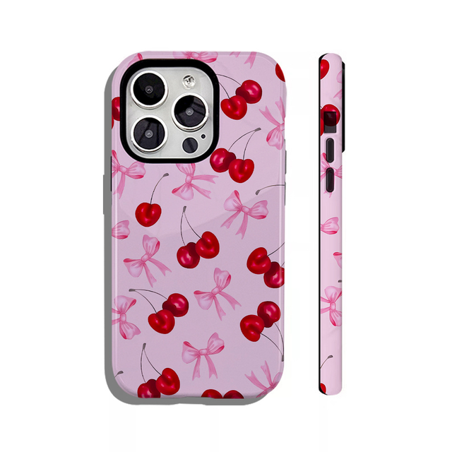Customizable Pink Cherry Bow Pattern Line Film Large Hole Full-cover Two-in-one Phone case for iPhone 16Pro Max, Shockproof case