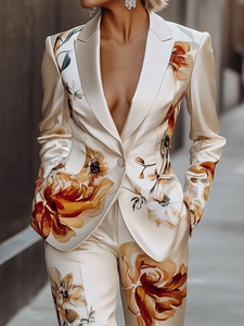 Conjunto de Traje de Satén con Estampado Floral para Mujer, Blazer de Manga Larga con Estampado Floral de Lujo, Pantalones con Detalle de Botones, Transpirable, Elegante, para Fiestas Nocturnas - Product Image 2
