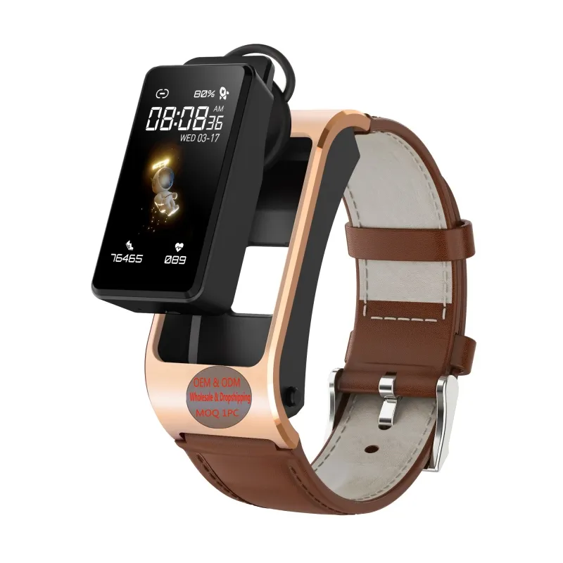 Fashionable H21 1.14 inch Leather Band Earphone Detachable Smart Watch Voice Control Heart Rate Waterproof Watch