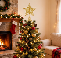 Décor de sommet d'arbre de Noël en forme d'étoile à cinq branches en métal ajouré, avec base à ressort spirale, rouge, or, argent, pour le sommet de l'arbre de Noël