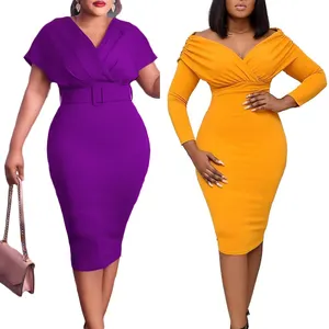 Hot Verkopende Dames Stevige Bodycon Strapless V-Hals Geplooide Plus Size Slanke Kantoorjurk