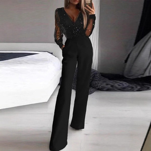 Combinaison noire en maille à sequins pour femme, taille mi-haute, transparente, élégante, pour soirée cocktail - Product Image 2