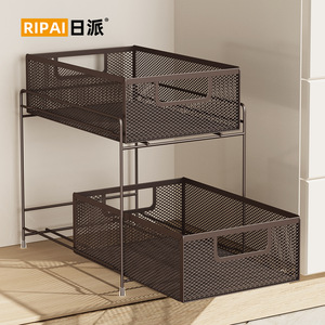 Ripai Kitchen Drawer Storage Rack 2 Tier Metal <b>Mesh</b> Pull Out <b>Basket</b> For Cabinet Spice Organizer Coffee Color - Product Image 3