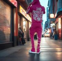 Ensemble de survêtement vintage empilé pour homme, sweat à capuche zippé et pantalon de jogging, 100 % coton, logo personnalisé, imprimé graphique 3D en relief, survêtement évasé