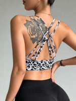 Soutien-gorge de sport sans couture imprimé léopard pour femme, dos croisé multi-bretelles, maintien moyen, côtelé, pour entraînement, gym, yoga, coupe courte