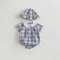 Romper de Verano para Bebé Niña, de Algodón, con Cuello Peter Pan, Manga Corta, a Cuadros, con Gorro