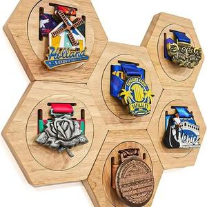Wooden <b>Wall</b> Mounted Medal Rack Honeycomb <b>Display</b> Stand Natural Wood Color For Medal Collection Storage - Product Image 1