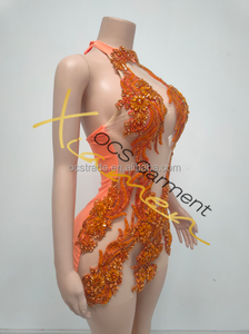 MF ชุดเดรสงานวันเกิดประดับพลอยเทียมสีส้มแบบคล้องคอแฮนด์เมดชุดเดรสปาร์ตี้คลับสุดเซ็กซี่สำหรับผู้หญิง - Product Image 4