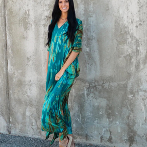 Boho Maxi <b>Dress</b> V-Neck Three Quarter Sleeve Tie Dye Cotton Loose Fit Summer Casual <b>Dress</b> With Slit Hem <b>Kaftan</b> <b>Dress</b> For Women - Product Image 1