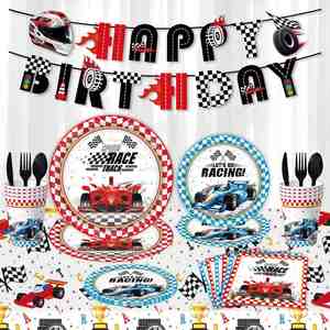 Ensemble de vaisselle jetable sur le thème de la course pour fête d'anniversaire avec assiette et serviette en papier - Product Image 1