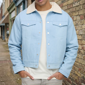 Men's Light Blue Denim <b>Jacket</b> With Sherpa Lining Turn-down Collar Casual Autumn Wear Regular Fit Single Breasted Button Closure - Product Image 4