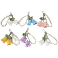 Porte-clés en fil de coton tricoté motif muguet, breloque de sac pastoral, accessoire mignon, design fleur de perle, fait main au crochet, cadeau