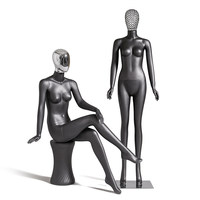 Maniquí Femenino de Fibra de Vidrio Negro Mate, Cuerpo Completo, Cabeza de Cristal Plateado Abstracto, Maniquí de Exhibición para Escaparate de Boutique