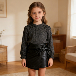 <span class=keywords><strong>Mini</strong></span>-jupes en cuir nouées pour jeunes filles, noires, métallisées, décontractées, pour l'été, pour enfants, couleurs et styles personnalisés - Product Image 1