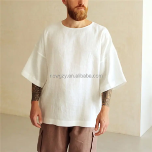 <span class=keywords><strong>Mezza</strong></span> <span class=keywords><strong>manica</strong></span> T-shirt da <span class=keywords><strong>uomo</strong></span> in lino oversize a spalla cadenzata cotone T-shirt Design personalizzato traspirante in bianco T-shirt per gli uomini - Product Image 3