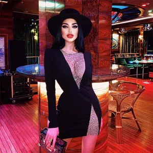 2023 Black Long Sleeve V-neck Rhinestondress Evening Dress Sexy Dress Party Club
