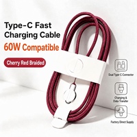 Kabel USB C ke USB C Nylon Braided untuk iPhone 18 60W Pengisian Cepat Kabel Data Merah Ceri untuk Ponsel Tablet Laptop 1M OEM Grosir