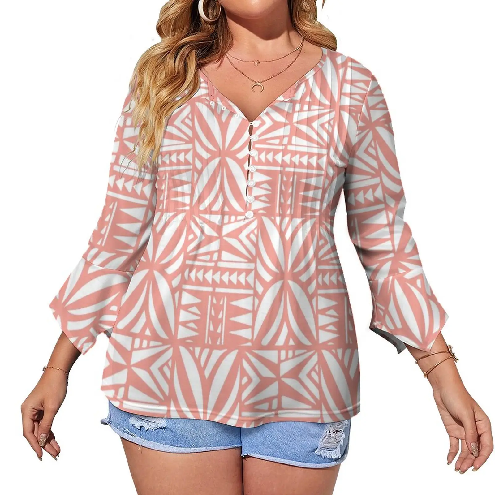 OEM Custom Tapa Polynesian Tribal T Shirts 3/4 Sleeve Ladies Blouse Crew Neck Button Loose Petal Sleeve T-Shirt Top For Women