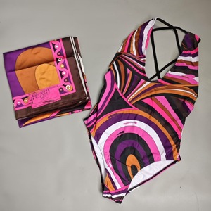 Costume da bagno intero all'ingrosso 2026 nuovo con sciarpa in seta, set 2 pezzi a righe, sexy abbigliamento da spiaggia, copricostume sarong da donna - Product Image 3